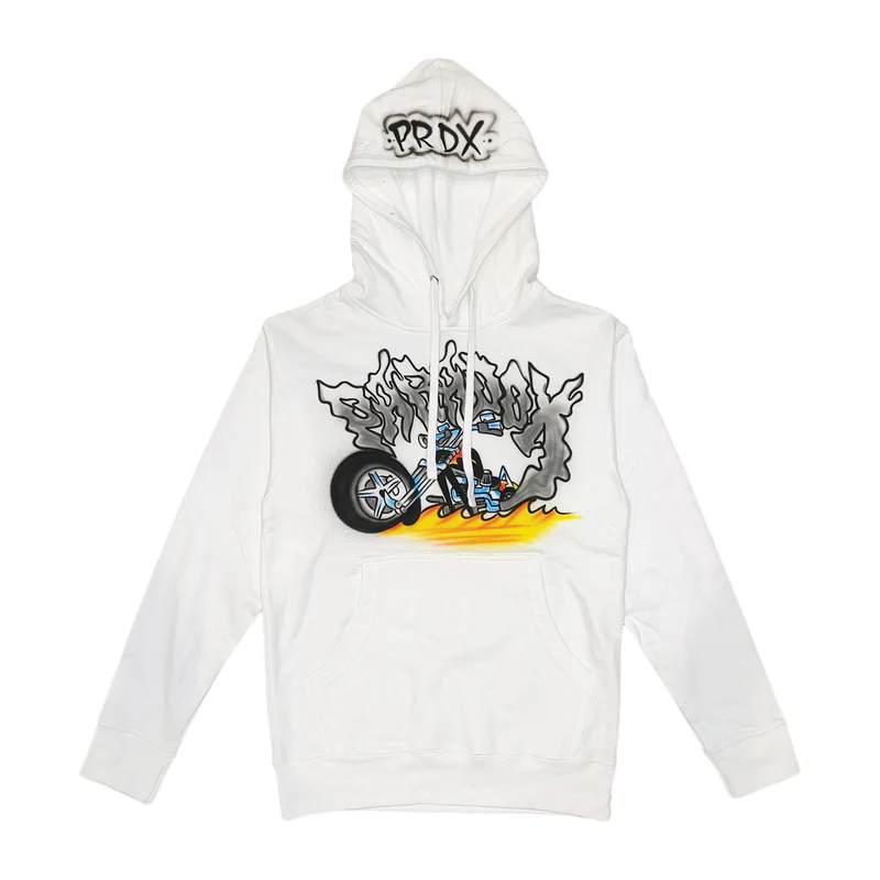 Airbrushed Vintage Motorcycle Pullover Hoodie White Airbrushed Vintage Motorcycle Pullover Hoodie White