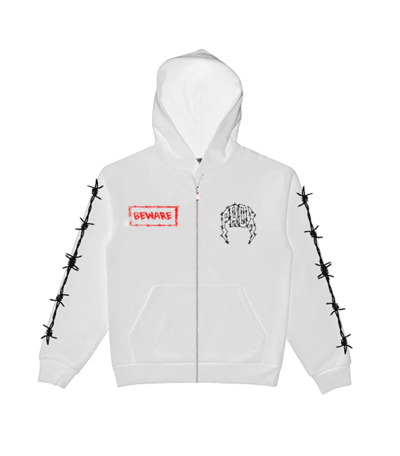 Beware Barbwire Halloween Exclusive Zip-Up Hoodie Beware Barbwire Halloween Exclusive Zip-Up White Hoodie