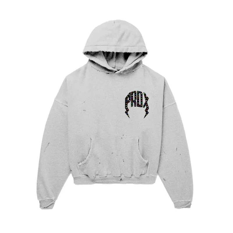 Multi-Colored Gem Distressed Pull-Over Hoodie Grey 132423 Multi-Colored Gem Distressed Pull-Over Hoodie