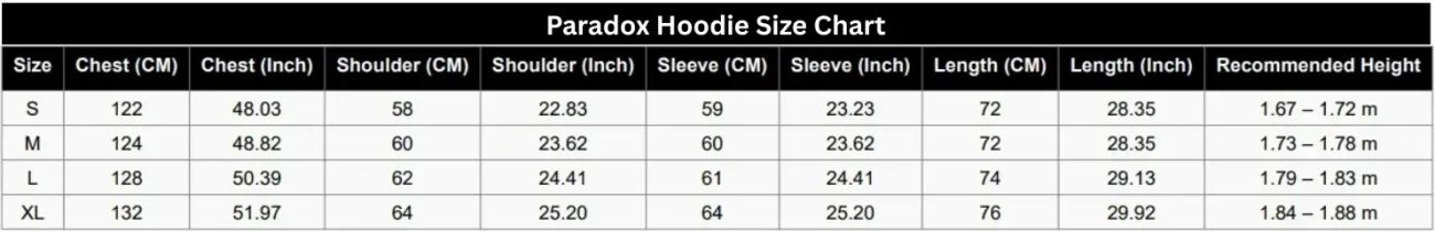 Paradox Hoodie Size Chart