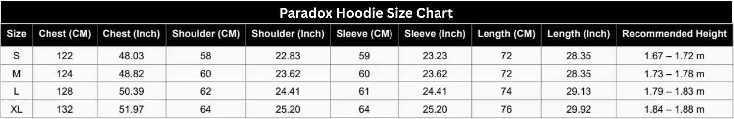 Paradox Hoodie Size Chart