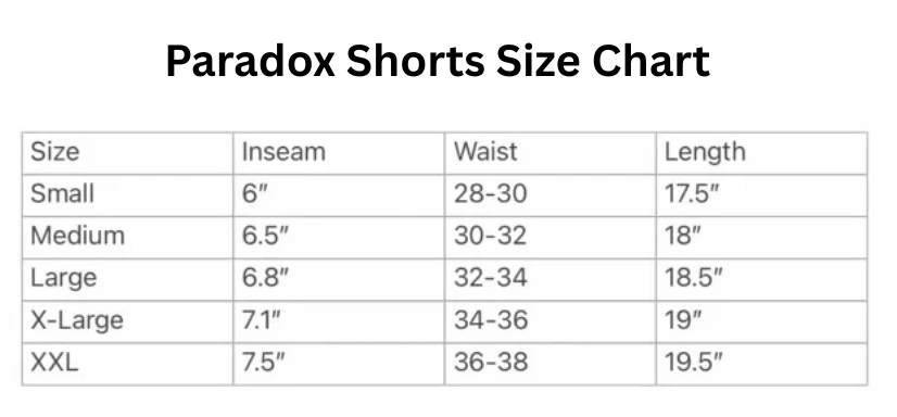 Paradox Shorts Size Chart
