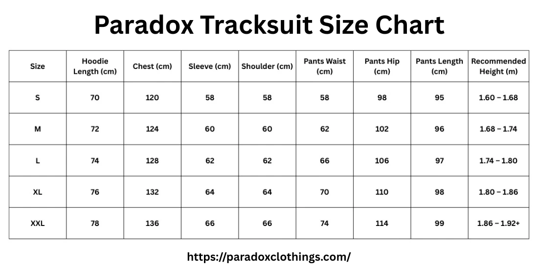 Paradox Tracksuit Size Chart