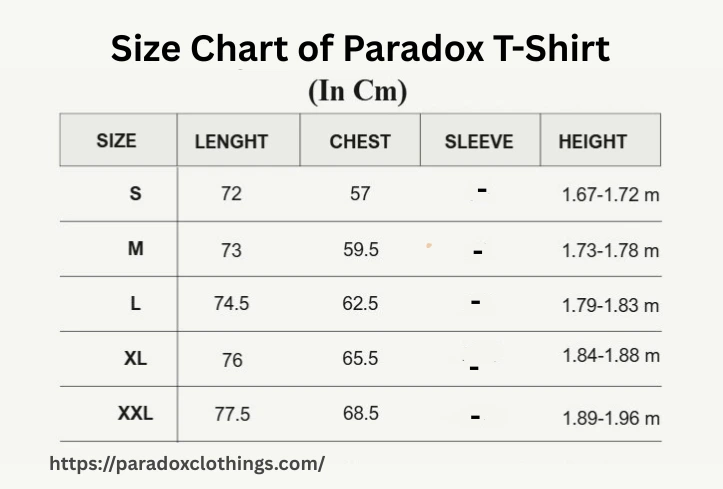Size Chart of Paradox Sleeveless T Shirt